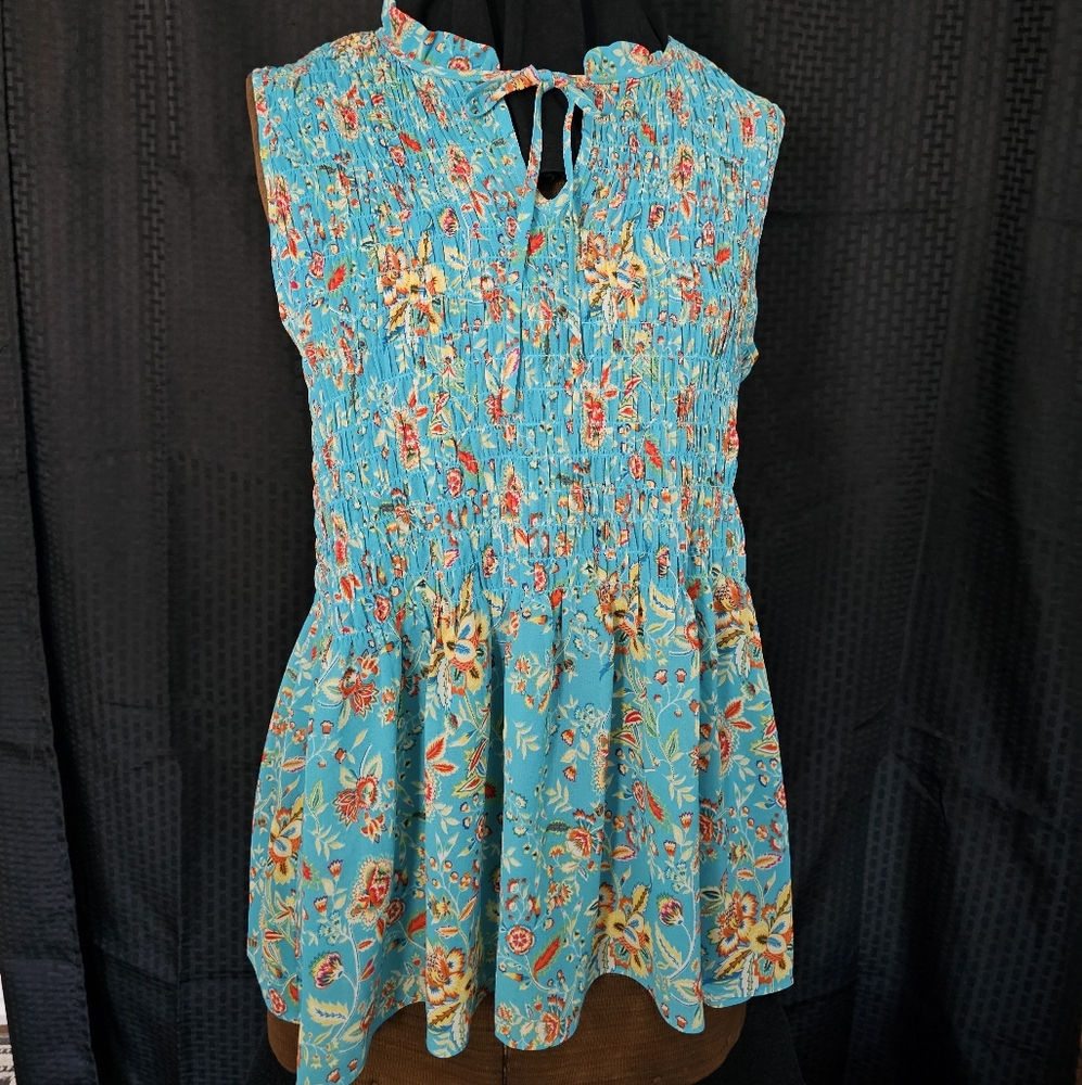 Cynthia Rowley Turquoise Floral Sleeveless Rouched  Top